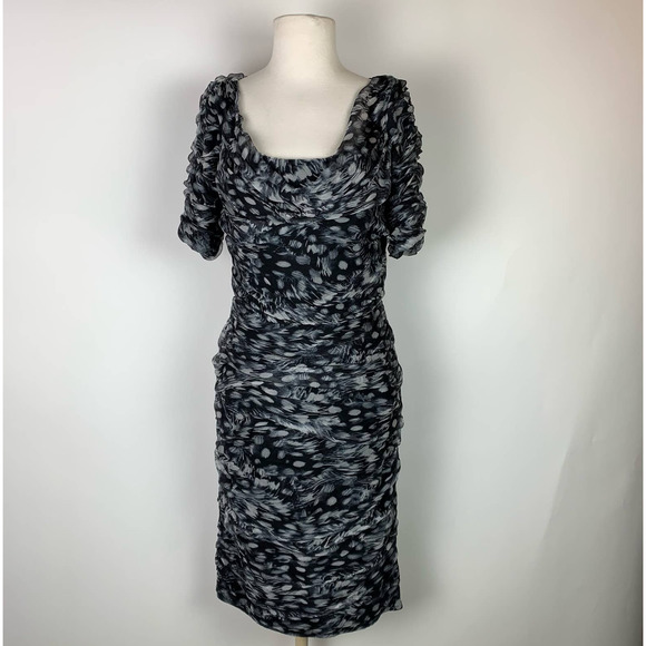 TADASHI SHOJI Draped Silk Sheath Dress Watercolor Black Gray White Scoop Neck 8 - Picture 1 of 10